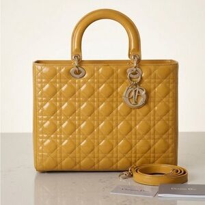 Large Mustard Yellow Lady Dior with Crossbody Strap & Original Certificate